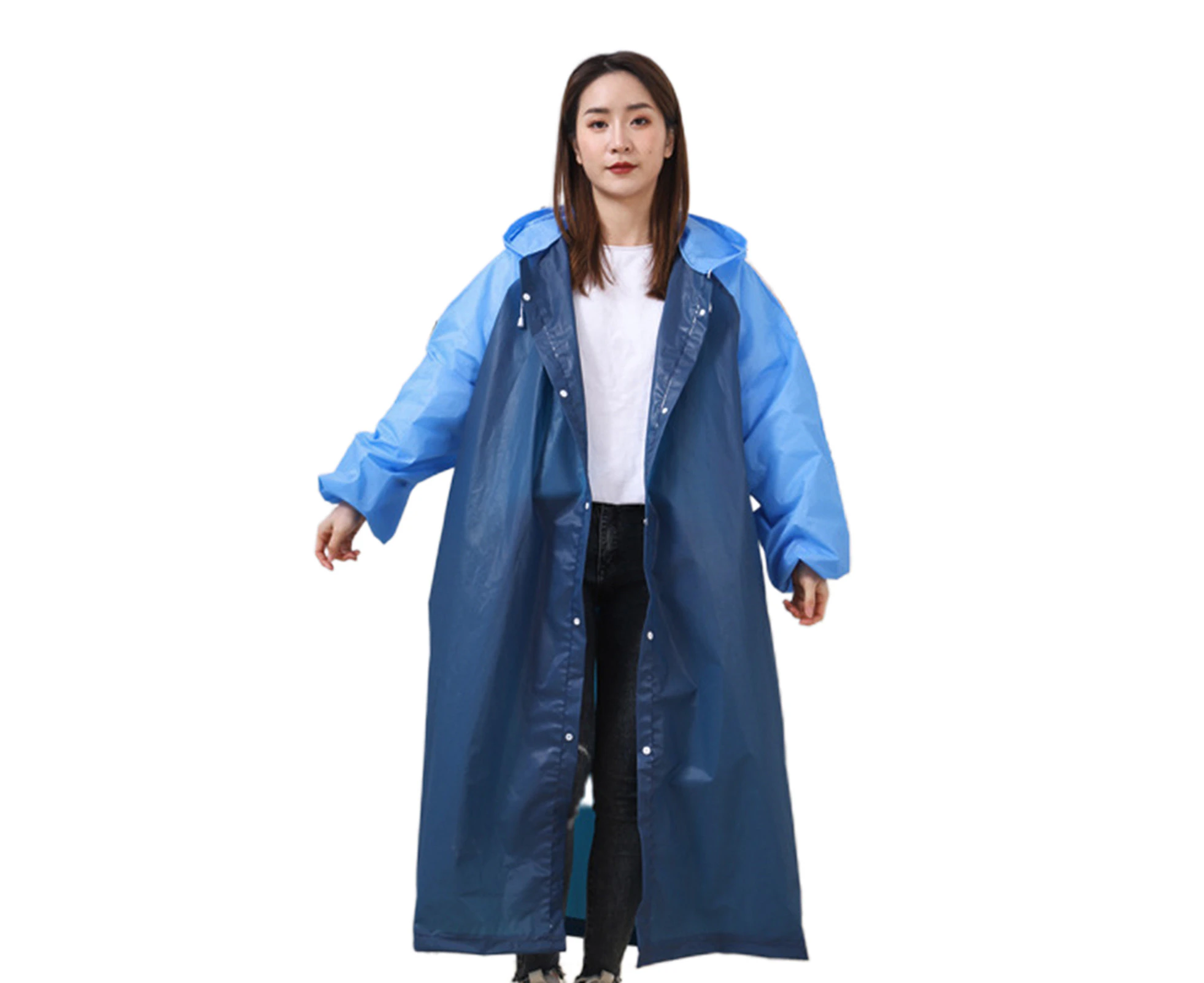 Raincoat Splicing Pattern Long Cap Rope Design Fashion Hooded Adult Raincoat for Unisex - Ultramarine