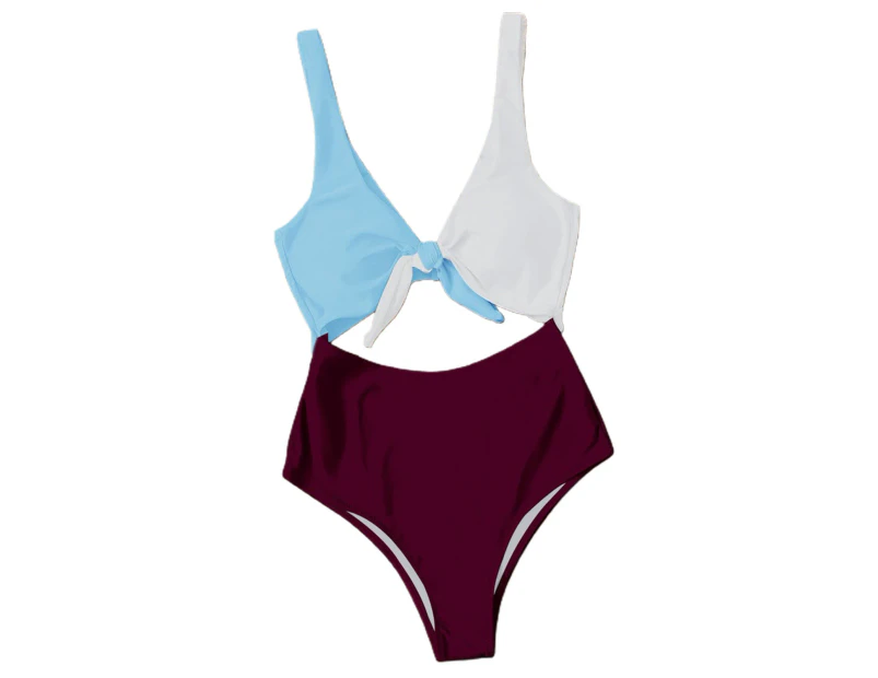 One Piece Bikini Color Block Knotted Female Backless High Waist Monokini Beachwear-Wine Red