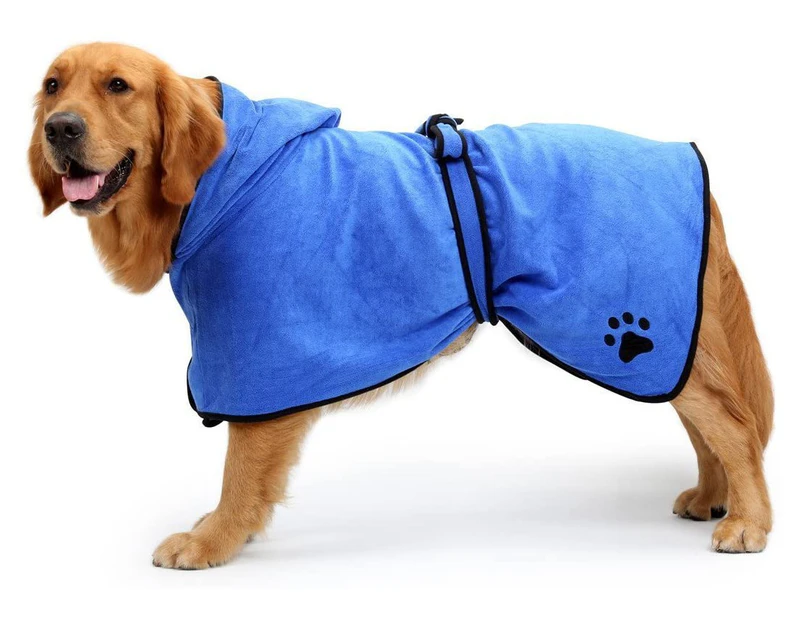 Dog Bathrobe Soft Super Absorbent Microfiber Dog Drying Towel Robe with Hood/Belt for Large,Medium,Small Dogs-Blue L