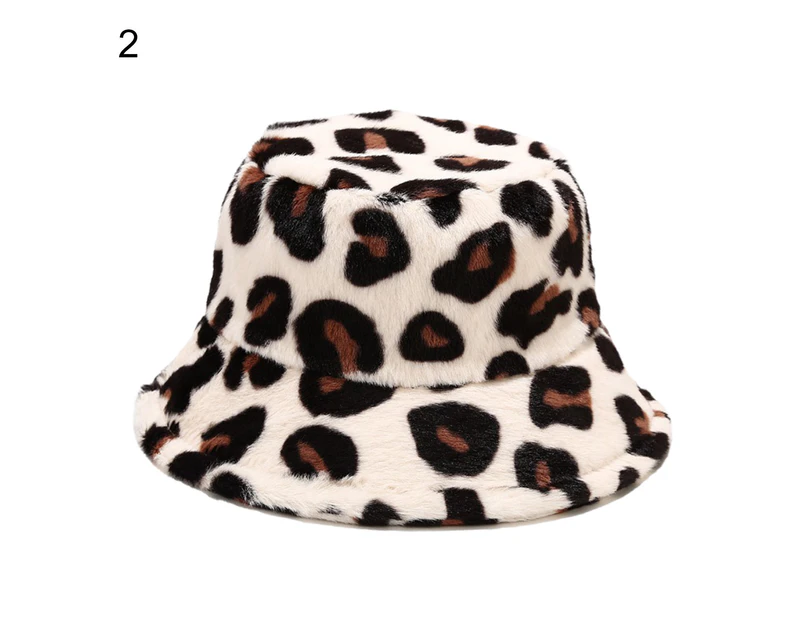 Bucket Hat Leopard Print Foldable Autumn Winter Thickened Plush Windproof Fisherman Cap - 2