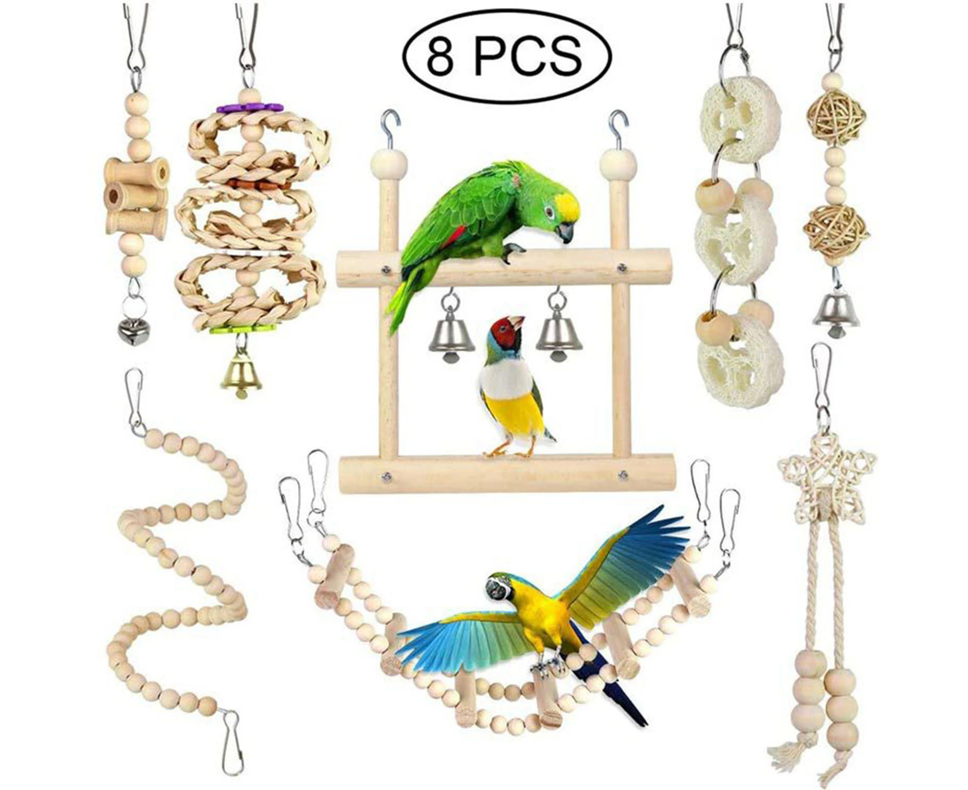 8Pcs/Set Pet Bird Toy Wooden Beads Ball Bell Swing Chew Wood Hanging Parrot Cage Toys for Garden