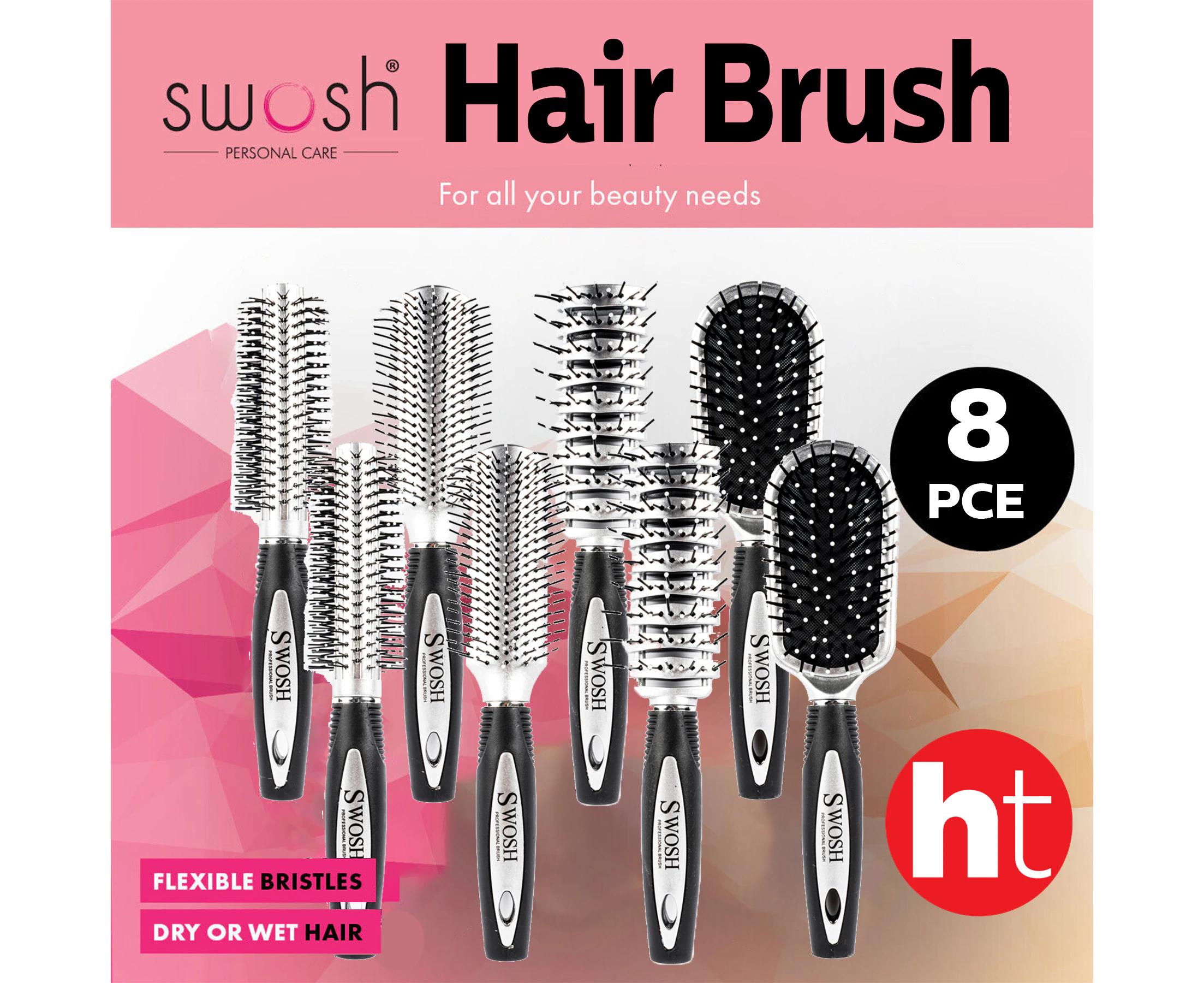 Swosh [8PK] Hair Brush, 4 Assorted Design, Soft Bristle, Soothing & Relaxing