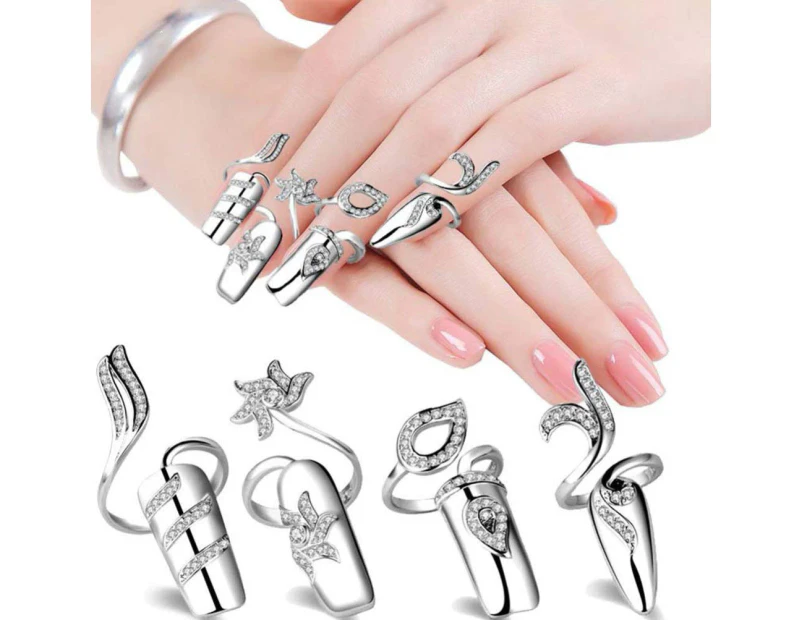 1 Set/4 Pcs Rhinestone Nail Ring Finger Tip Adjustable Opening Nail Art Charms Accessories for Women Girls, Silver