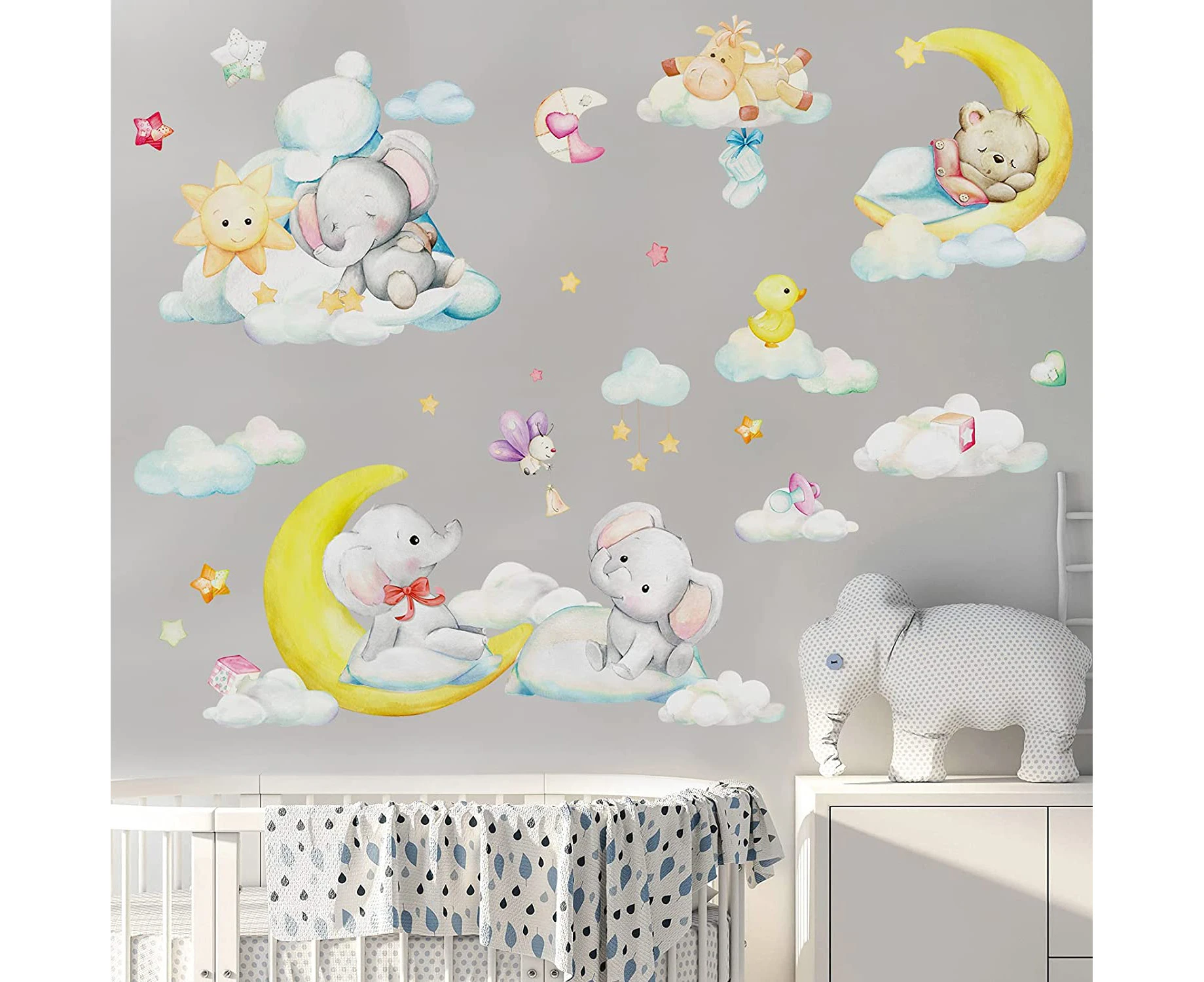 Cute Elephant Wall Stickers, Moon Stars Clouds Wall Decals, Lovely Bear Wall Sticker, DIY Removable Home Decoration, Baby Nursery Girl Boy Kids Room