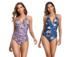 Women Summer Backless Floral Bandage One Piece Jumpsuit Beach Swimsuit Swimwear-Dark Green