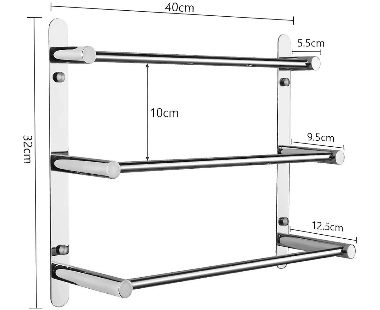 Multilayer 304 Stainless Steel Wall Mounted Towel Rack - 40 Cm - Wall Fixing - 3 Bars - For Bathroom And Kitchen