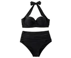 Push Up Halter High Waist Printing Pleated Front Women Two Piece Swimsuit Bikini Set for Swimming Pool-Black