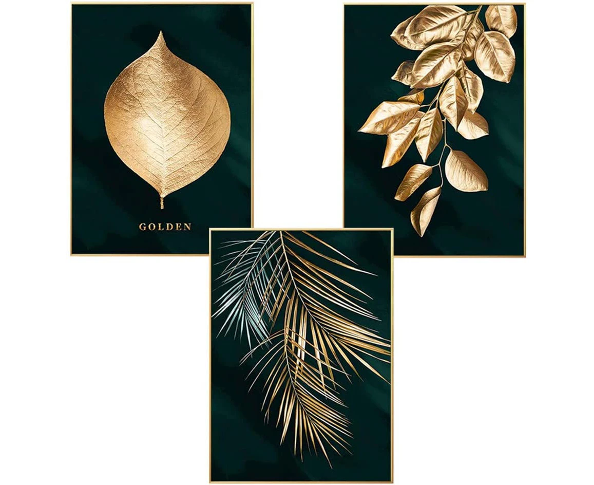 Set of 3 Forest Gold Foil Palm Tree Wall Art Posters and Prints Unframed Living Room Wall Decor