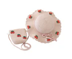 Cherry Decor Lace Trim Wide Brim Hat Bag Set Baby Girls Breathable Straw Hat Handbag Clothing Accessories - Pink