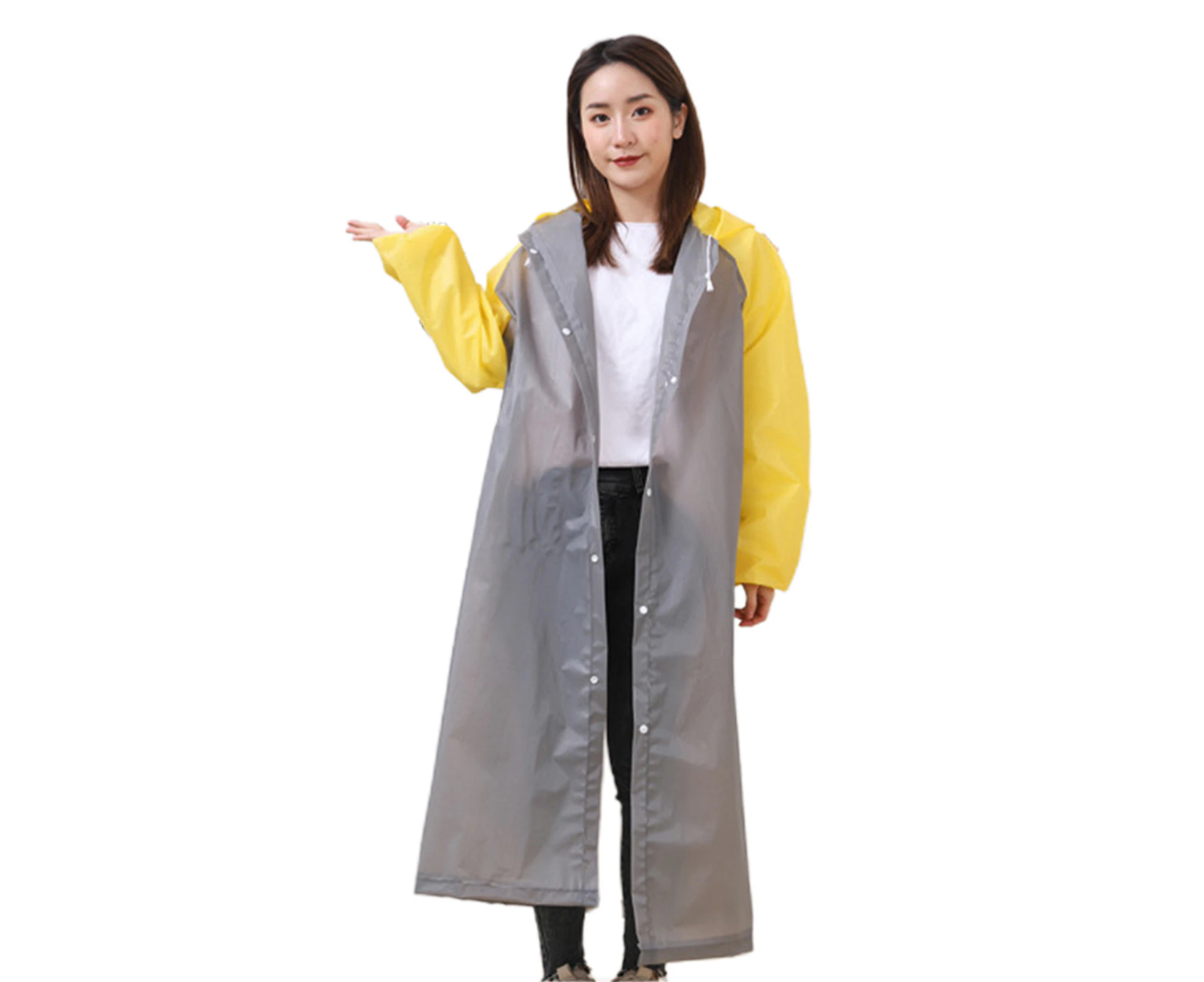 Raincoat Splicing Pattern Long Cap Rope Design Fashion Hooded Adult Raincoat for Unisex - Light Grey