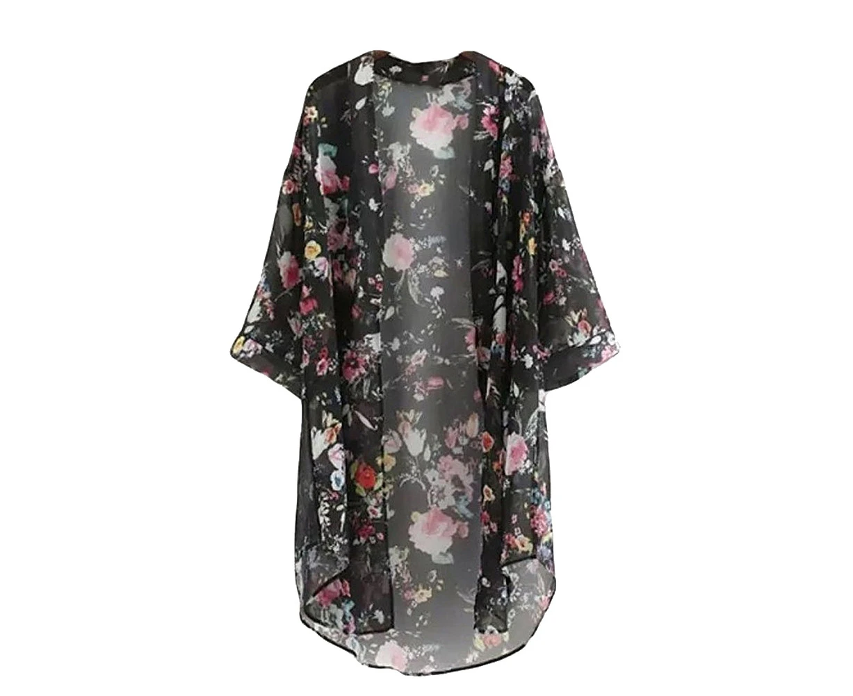 Women Summer Floral Printed Long Loose Kimono Cardigan Blouse Tops Cover Up-Black