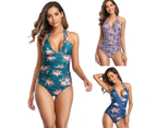 Women Summer Backless Floral Bandage One Piece Jumpsuit Beach Swimsuit Swimwear-Dark Green