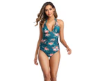 Women Summer Backless Floral Bandage One Piece Jumpsuit Beach Swimsuit Swimwear-Dark Green