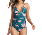 Floral Patchwork Hanging Neck Women Monokini Padded Bandage Pleated One Piece Swimsuit Swimwear for Beach-Green