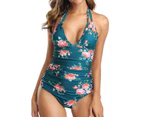 Floral Patchwork Hanging Neck Women Monokini Padded Bandage Pleated One Piece Swimsuit Swimwear for Beach-Green