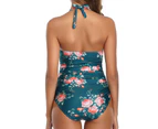 Floral Patchwork Hanging Neck Women Monokini Padded Bandage Pleated One Piece Swimsuit Swimwear for Beach-Green