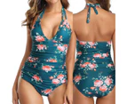 Floral Patchwork Hanging Neck Women Monokini Padded Bandage Pleated One Piece Swimsuit Swimwear for Beach-Green