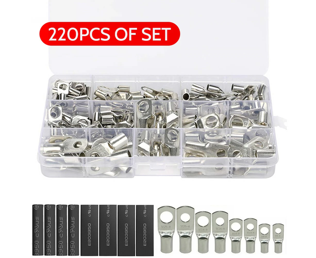 220PCS Battery Copper Cable Lugs Crimp Ring Terminals Electrical Wire Connector