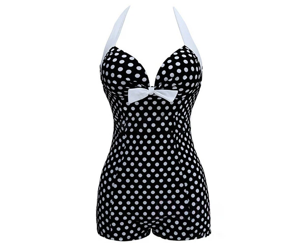 Women One-piece Bathing Suit Dotted Beachwear Push Up Monokini Swimsuit Swimwear-Black