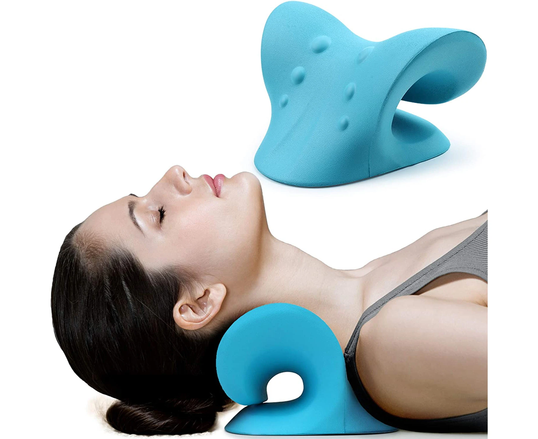 Neck and Shoulder Relaxer, Cervical Traction Device for TMJ Pain Relief and Cervical Spine Alignment, Chiropractic Pillow Neck Stretcher(Blue)