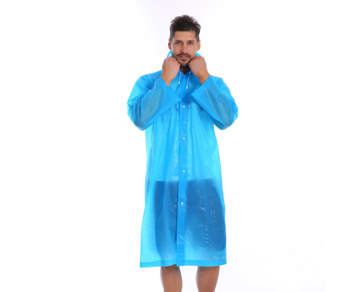 Reusable Unisex Waterproof Thick Hooded Buttons Outdoor Raincoat Poncho - Blue