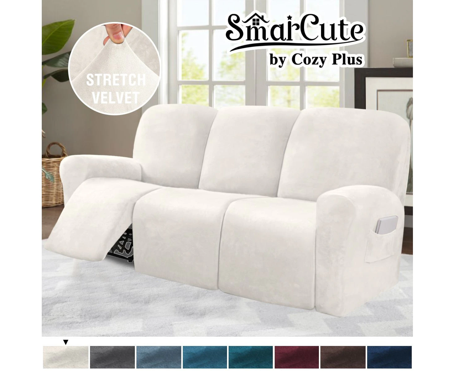 Velvet Stretch Recliner Couch Covers for 1/2/3 Cushion Couch Recliner Sofa Covers Reclining Slipcovers Form Fitted Thick Soft Washable, Ivory