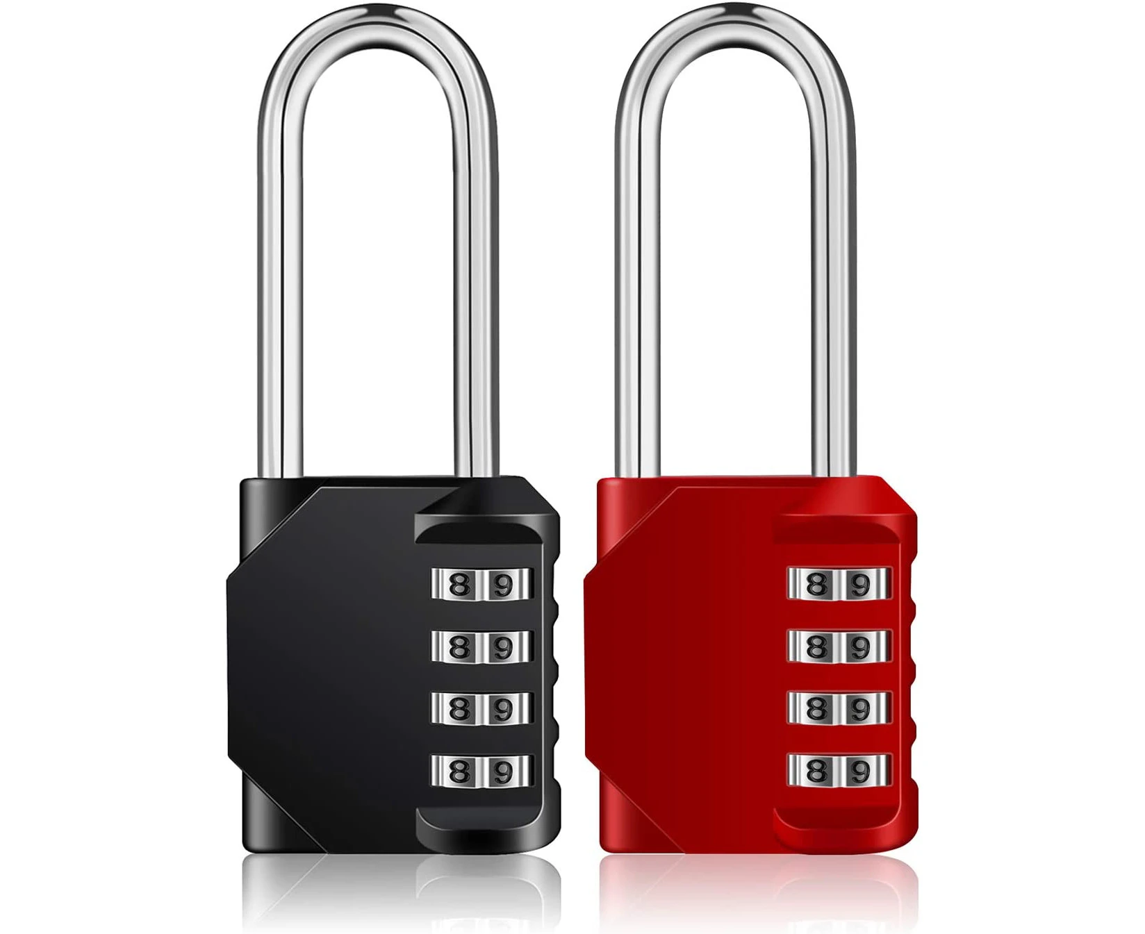 Long shackle combination lock, 4-digit password outdoor waterproof padlock, suitable for school gym lockers, fences, gates, tool boxes (black and red)