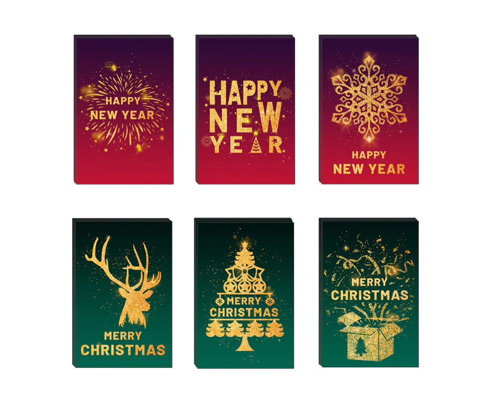 24pcs Premium Christmas and New Year Cards Xmas & New Year Cards 6 Styles Bulk Mixed Card Pack With Envelopes and Stickers - Red and Green