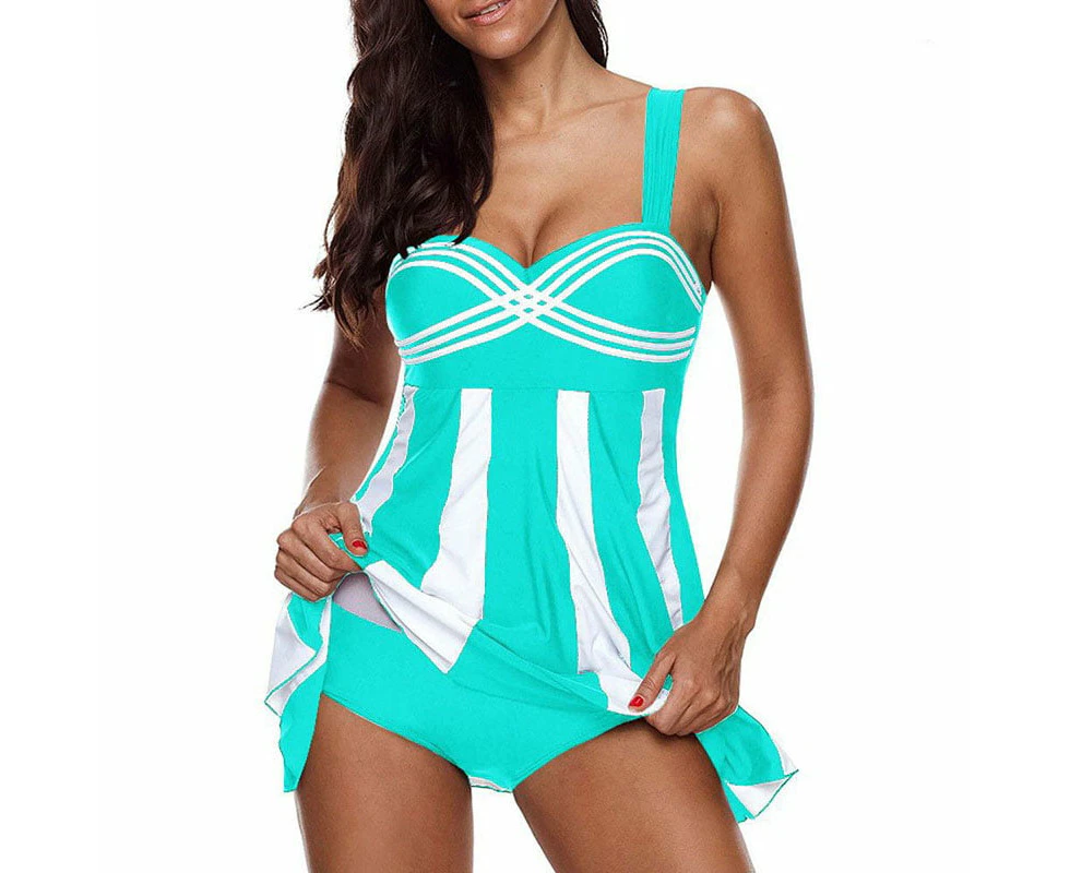 Women Beach Swimming Suit Bikini Stripe Tankini Swimsuit,Green,2Xl