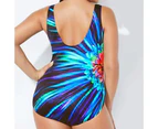 U-neck Wide Shoulder Straps Women Monokini Plus Size Sexy Push Up Gradient Print Bodysuit Swimsuit for Beach-Blue