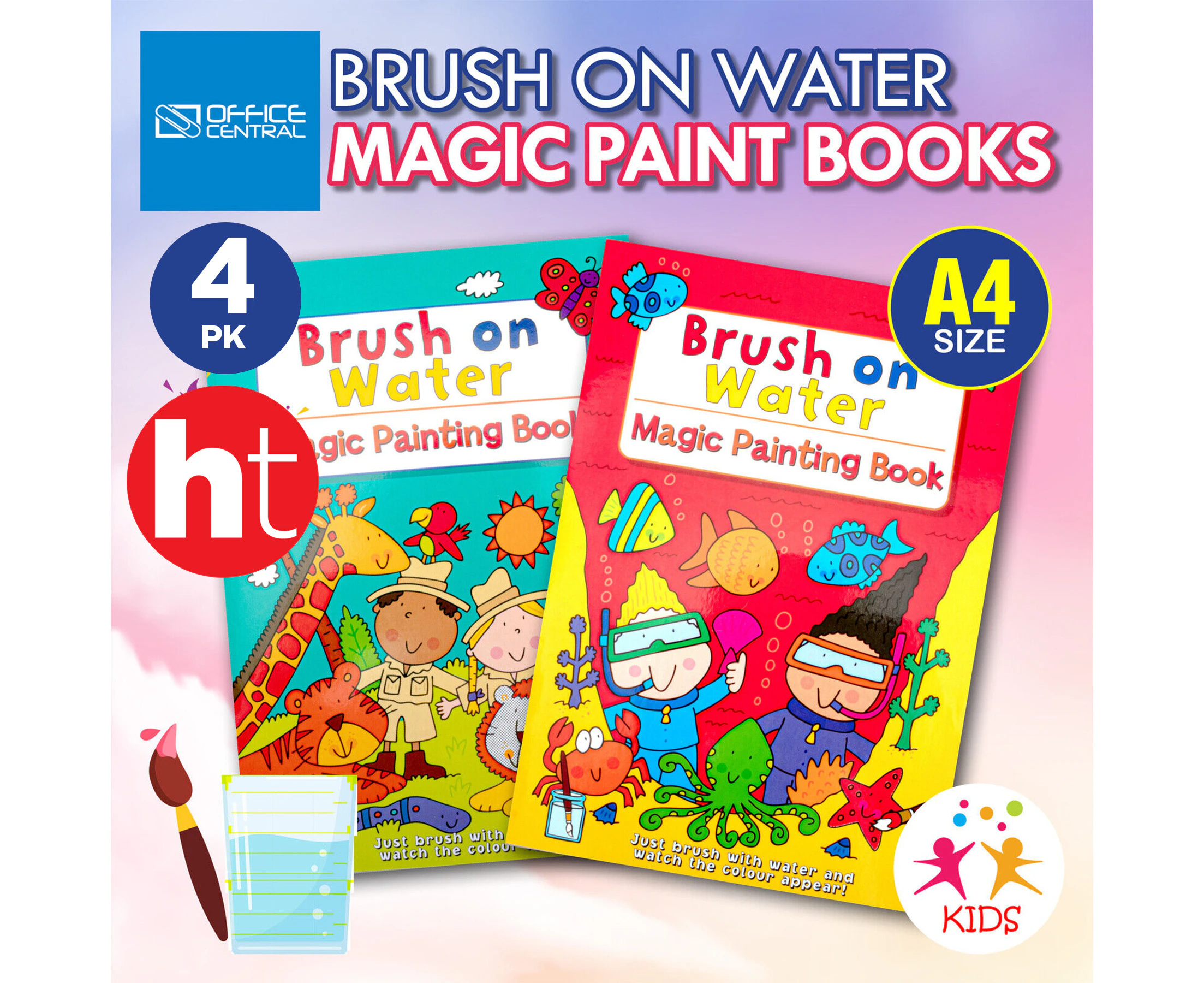 [4PK] Office Central Magic Painting Brush On Water Books, A4 Size, 16 Pages Per Book, Beautifully Illustrated Pictures, Stimulating, Calming, Fun and Relax