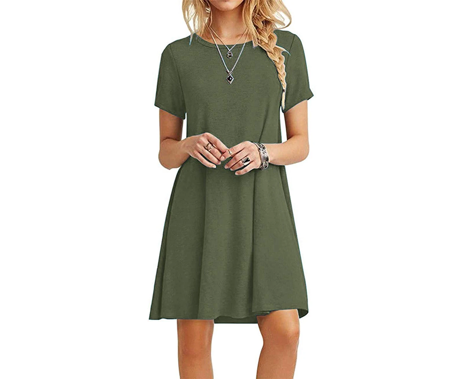 Women's Casual Plain Simple T-Shirt Loose Dress - Green