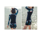 Swimsuit Conservative Long Sleeves Two-piece Floral Split Belly-covering Swimsuit for Swimming Pool-Navy Blue