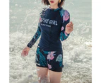 Swimsuit Conservative Long Sleeves Two-piece Floral Split Belly-covering Swimsuit for Swimming Pool-Navy Blue