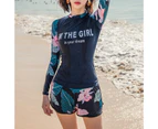 Swimsuit Conservative Long Sleeves Two-piece Floral Split Belly-covering Swimsuit for Swimming Pool-Navy Blue