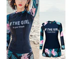 Swimsuit Conservative Long Sleeves Two-piece Floral Split Belly-covering Swimsuit for Swimming Pool-Navy Blue