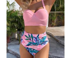 Padded Underwire Beach Bikini Set Two Piece Halter Bra Leaf Print High Waist Briefs Swimwear for Water Activity-Pink