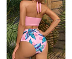 Padded Underwire Beach Bikini Set Two Piece Halter Bra Leaf Print High Waist Briefs Swimwear for Water Activity-Pink