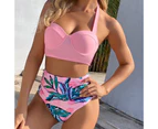 Padded Underwire Beach Bikini Set Two Piece Halter Bra Leaf Print High Waist Briefs Swimwear for Water Activity-Pink