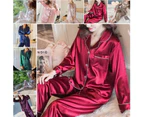 2Pcs Women Autumn Solid Color Imitation Silk Long Sleeve Shirt Pants Pajama Set-Light Pink