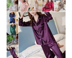 2Pcs Women Autumn Solid Color Imitation Silk Long Sleeve Shirt Pants Pajama Set-Light Pink