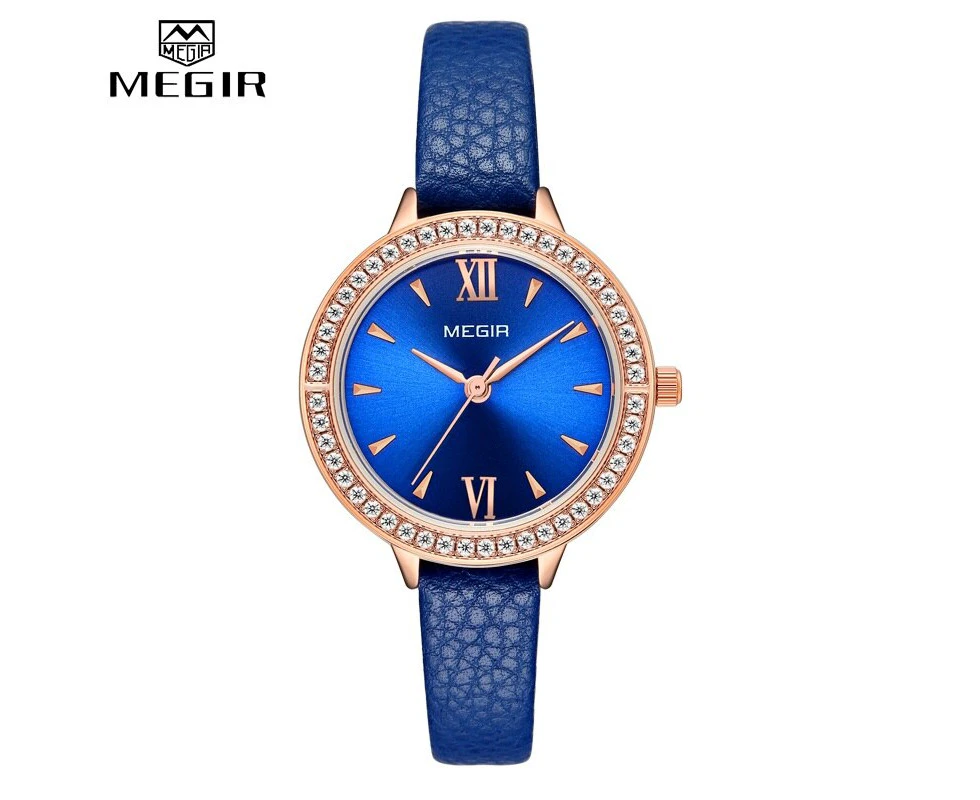 MEGIR Ladies Luxury Brand Watch Leather Simple Quartz Women Waterproof Wristwatch Lady Fashion Casual Watches Female Clock - Blue