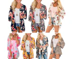 Women Floral Leopard Print Half Sleeve Shawl Cardigan Bikini Cover Up Blouse Top-Yellow