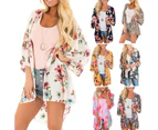 Women Floral Leopard Print Half Sleeve Shawl Cardigan Bikini Cover Up Blouse Top-Yellow