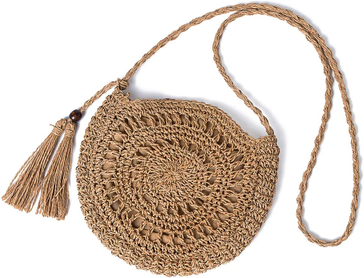 Straw Shoulder Bag Women, Beach Bag Women Crossbody Bag with Tassel Weaving Raffia Bag Summer Beach Purse Round Shopping Bag