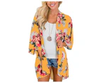 Women Floral Leopard Print Half Sleeve Shawl Cardigan Bikini Cover Up Blouse Top-Yellow