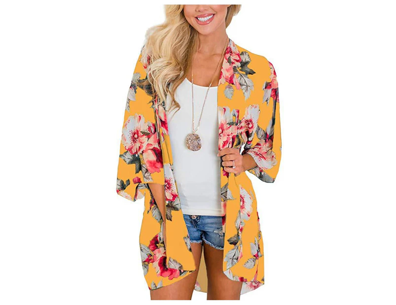 Women Floral Leopard Print Half Sleeve Shawl Cardigan Bikini Cover Up Blouse Top-Yellow