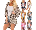 Women Floral Leopard Print Half Sleeve Shawl Cardigan Bikini Cover Up Blouse Top-Yellow