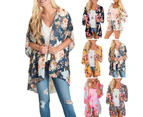 Women Floral Leopard Print Half Sleeve Shawl Cardigan Bikini Cover Up Blouse Top-Yellow