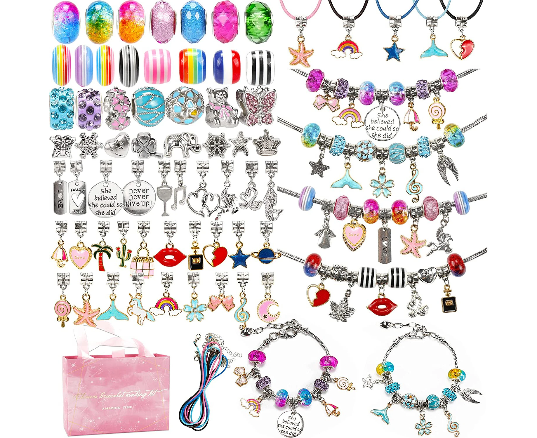 130 Pieces Charm Bracelet Making Kit Including Jewelry Beads Snake Chains, Diy Craft For Girls